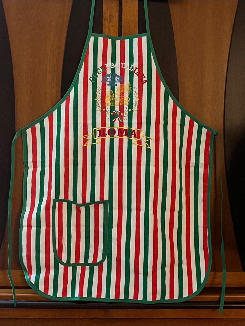 #49 NWOT Roma Red-White-Green Striped Embroidered Apron w/Front Pocket